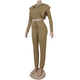 Women Sexy Zip with Cap Long Sleeve Top + Trousers Two-piece Set