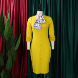 Women Fall Long Sleeve Solid Color Slit Scarf Bodycon Dress
