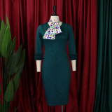 Women Fall Long Sleeve Solid Color Slit Scarf Bodycon Dress