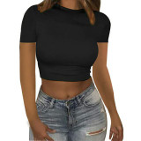 Women's Summer Round Neck Crop Slim Fit Solid Short Sleeve T-Shirt Top Women