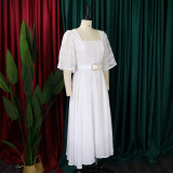 African Women Short Sleeve Square Neck With Belt Chiffon Beaded Dress