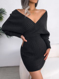 Fall/Winter Sexy Cross V-Neck Bat Skirt Bodycon Dress Sweater Dress