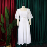 African Women Short Sleeve Square Neck With Belt Chiffon Beaded Dress