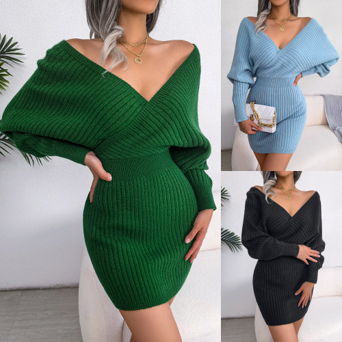 Fall/Winter Sexy Cross V-Neck Bat Skirt Bodycon Dress Sweater Dress