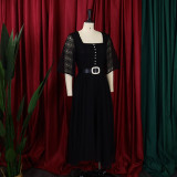 African Women Short Sleeve Square Neck With Belt Chiffon Beaded Dress