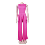Fashion women's suit short-sleeved wide-leg pants solid color two-piece set