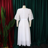 African Women Short Sleeve Square Neck With Belt Chiffon Beaded Dress