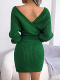 Fall/Winter Sexy Cross V-Neck Bat Skirt Bodycon Dress Sweater Dress