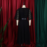 African Women Short Sleeve Square Neck With Belt Chiffon Beaded Dress