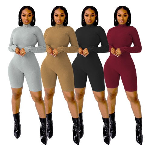 Women's Fall Casual Solid Color Ribbed Zip Long Sleeve Jumpsuit