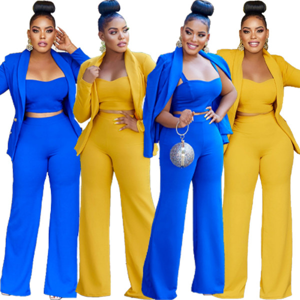 Women'S Solid Long Sleeve Blazer And Pants Three-Piece Suits