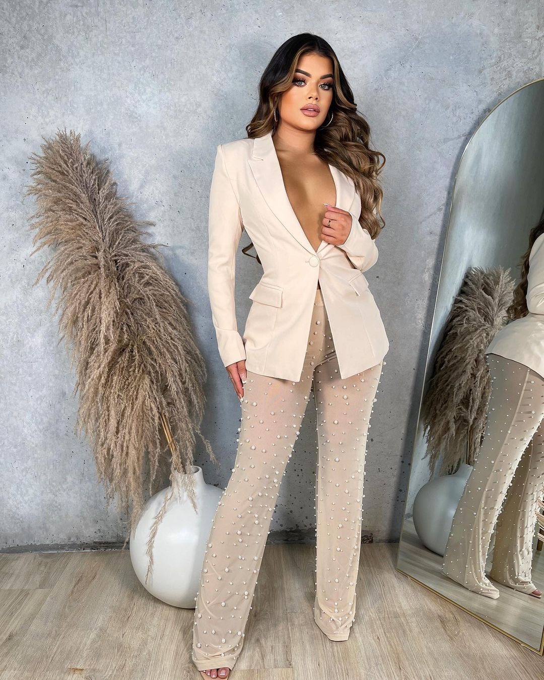 Autumn And Winter Women'S Long Sleeve Blazer Beads Mesh Straight Pants Two Piece Suits