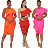 Women Summer Slanted Shoulder Ruffle Bodycon Dress