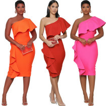 Women Summer Slanted Shoulder Ruffle Bodycon Dress