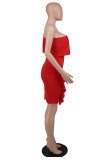 Women Summer Slanted Shoulder Ruffle Bodycon Dress