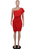 Women Summer Slanted Shoulder Ruffle Bodycon Dress