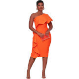 Women Summer Slanted Shoulder Ruffle Bodycon Dress