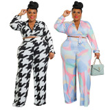 Women's Fall Fashion Print Lace-Up Shirt Collar Trousers Street Casual Outfit