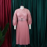 Women's Fall/Winter lace Patchwork Pleated Cutout Sexy Plus Size Dress