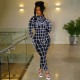Fashion Women's Fall Printed Long Sleeve Gloves Zip Butt Lift Casual Jumpsuit