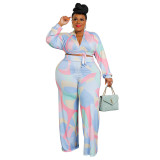 Women's Fall Fashion Print Lace-Up Shirt Collar Trousers Street Casual Outfit