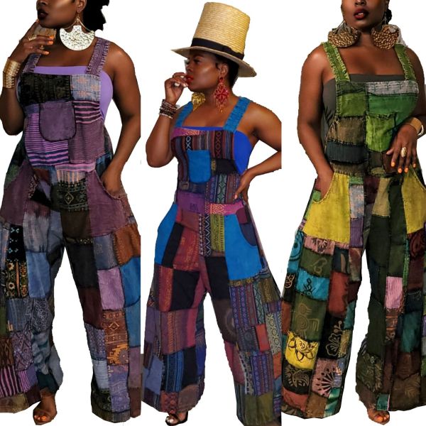 Women'S Printed Boho Bib Pants Strap Wide Leg Jumpsuit