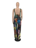 Women'S Printed Boho Bib Pants Strap Wide Leg Jumpsuit