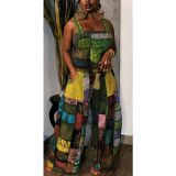 Women'S Printed Boho Bib Pants Strap Wide Leg Jumpsuit