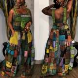 Women'S Printed Boho Bib Pants Strap Wide Leg Jumpsuit