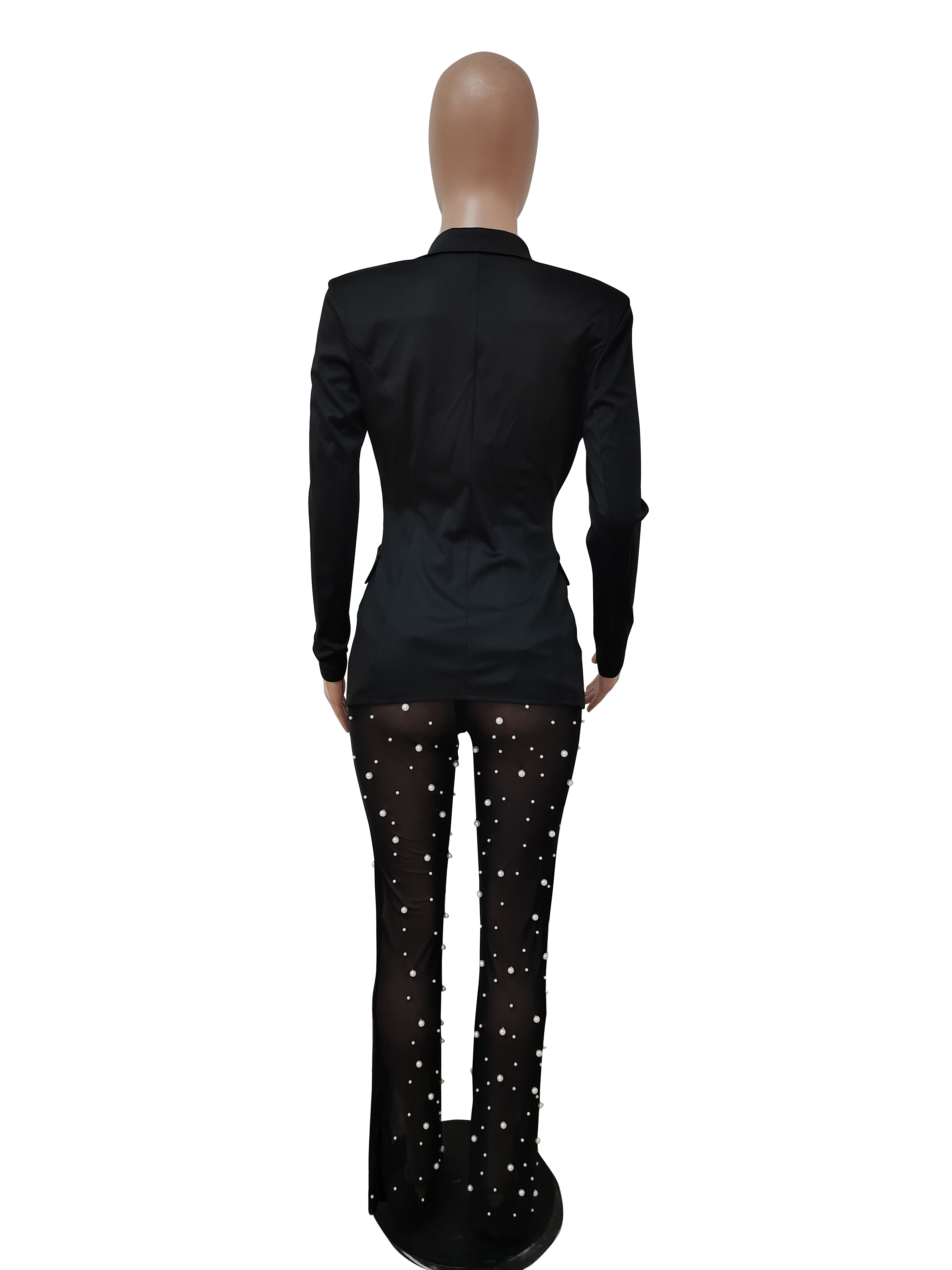 Autumn And Winter Women'S Long Sleeve Blazer Beads Mesh Straight Pants Two Piece Suits