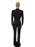 Autumn And Winter Women'S Long Sleeve Blazer Beads Mesh Straight Pants Two Piece Suits