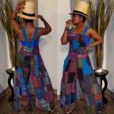 Women'S Printed Boho Bib Pants Strap Wide Leg Jumpsuit