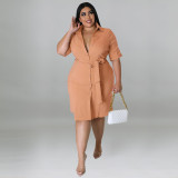Plus Size Women Fall Solid Short Sleeve Shirt Dress