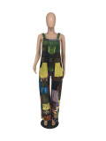 Women'S Printed Boho Bib Pants Strap Wide Leg Jumpsuit
