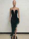 Women Sexy Off Shoulder Backless Sequin Feather Dress