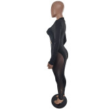 Women Mesh Patchwork Sexy Long Sleeve Jumpsuit