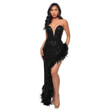 Women Sexy Off Shoulder Backless Sequin Feather Dress