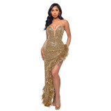 Women Sexy Off Shoulder Backless Sequin Feather Dress