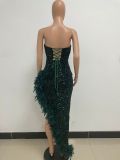 Women Sexy Off Shoulder Backless Sequin Feather Dress