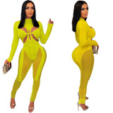 Women Mesh Patchwork Sexy Long Sleeve Jumpsuit