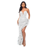 Women Sexy Off Shoulder Backless Sequin Feather Dress