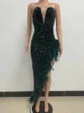 Women Sexy Off Shoulder Backless Sequin Feather Dress