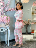 Women Printed Long Sleeve Top+ Pants Two Piece Set