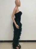 Women Sexy Off Shoulder Backless Sequin Feather Dress