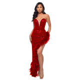 Women Sexy Off Shoulder Backless Sequin Feather Dress