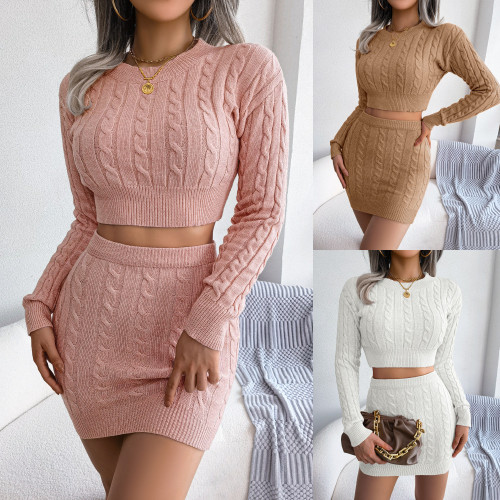 Women Fall/Winter Casual Twist Crop Sweater + Mini Skirt Two Piece
