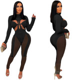 Women Mesh Patchwork Sexy Long Sleeve Jumpsuit