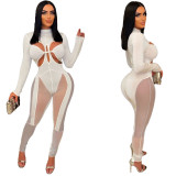 Women Mesh Patchwork Sexy Long Sleeve Jumpsuit