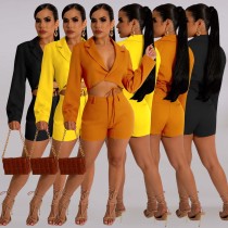 Women's Casual Suit V-Neck Cropped Blazer and Shorts Two Piece Set