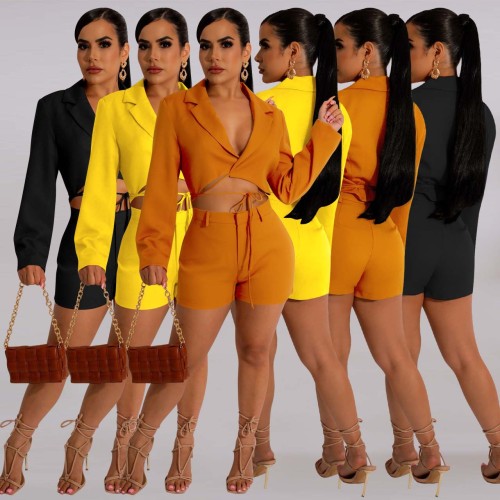 Women's Casual Suit V-Neck Cropped Blazer and Shorts Two Piece Set